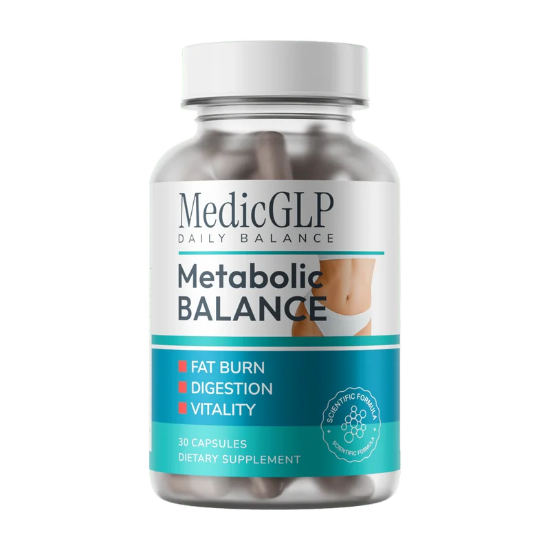 Bottle of MedicGLP Metabolic Balance capsules, the manufacturer's own product photo